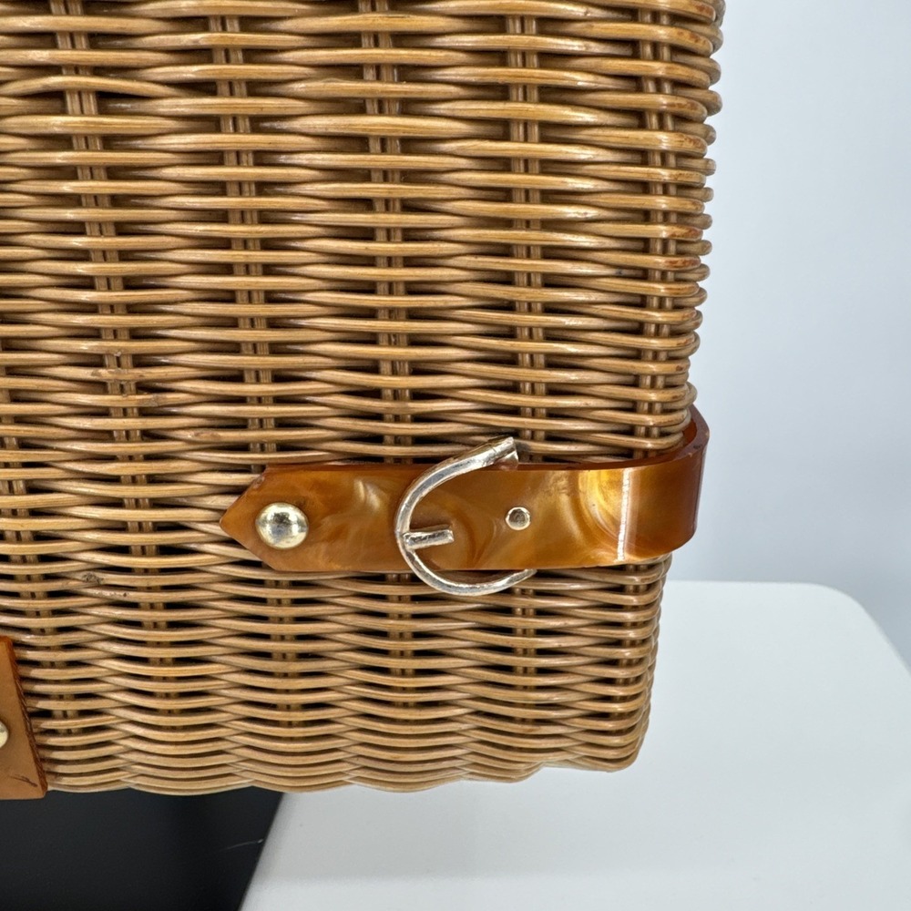 Mid-Century Wicker Like Bag, Hong Kong Woven Handmade w/ Caramel Lucite Handle - Picture 5 of 16